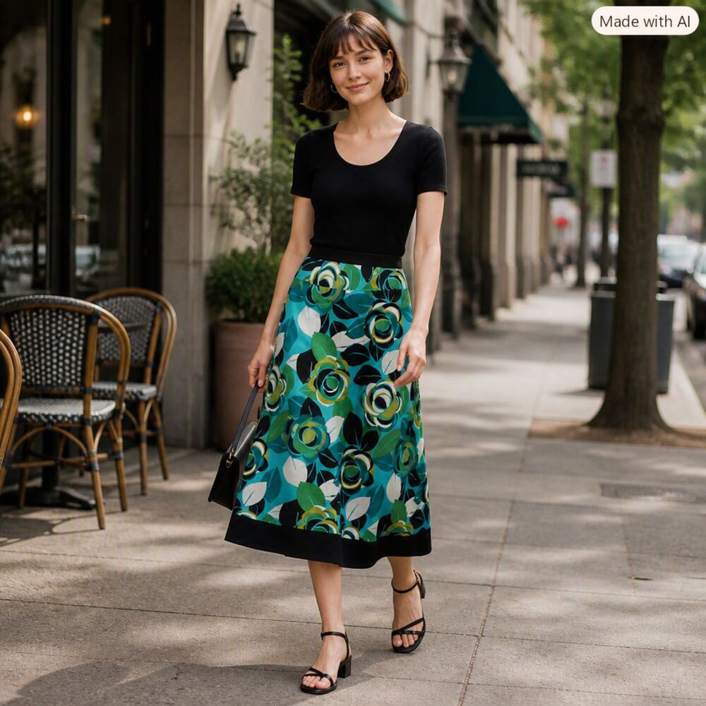 East 5th Floral Midi Skirt | Teal Green & Black | Size Small